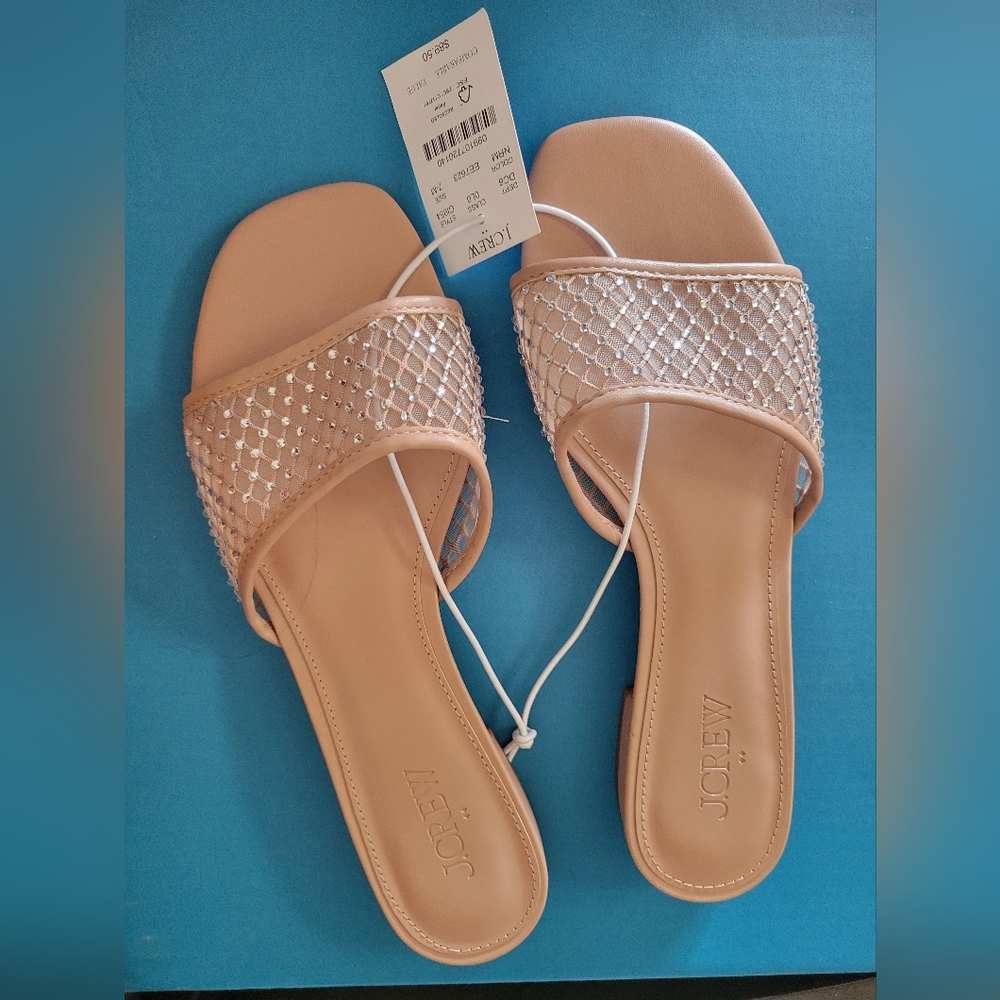 JCREW Size 7 Rhinestone Mesh Slides Sandles Nude Color NWT